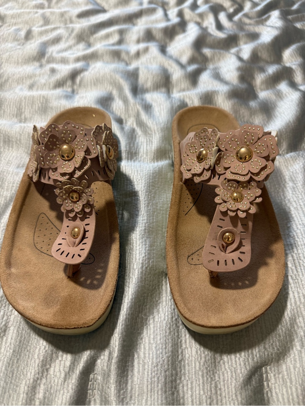 Blush Pink Floral Thong Sandals with Gold Studs